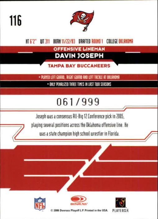 2006 Leaf Rookies and Stars #116 Davin Joseph RC back image