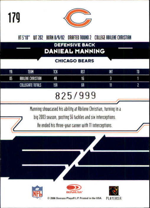 2006 Leaf Rookies and Stars #179 Danieal Manning RC back image