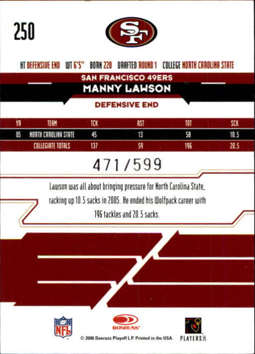 2006 Leaf Rookies and Stars #250 Manny Lawson RC back image