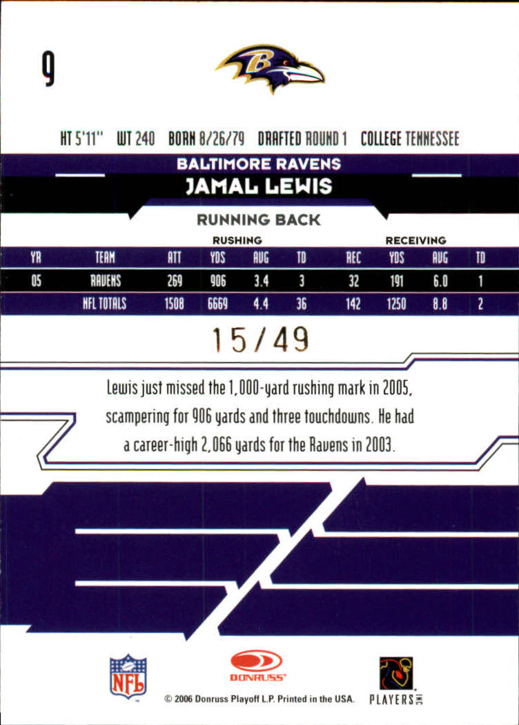 2006 Leaf Rookies and Stars Longevity Gold Parallel #9 Jamal Lewis back image