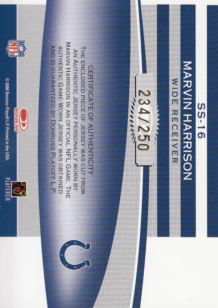 2006 Leaf Rookies and Stars Statistical Standouts Materials #16 Marvin Harrison back image