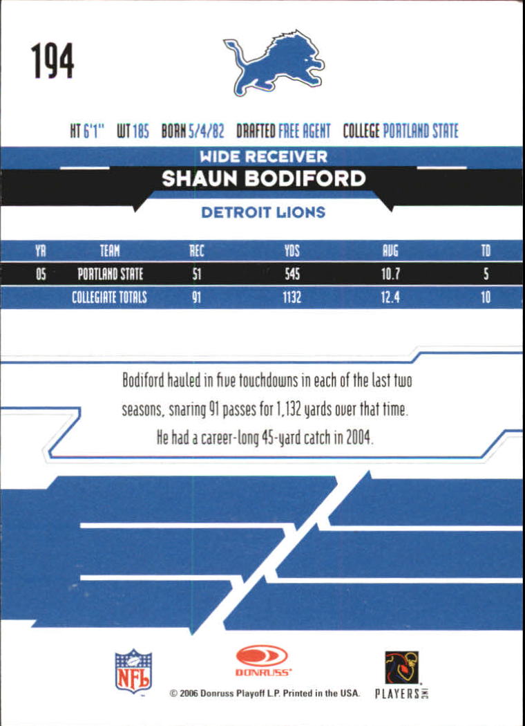 2006 Leaf Rookies and Stars Longevity Target #194 Shaun Bodiford RC back image