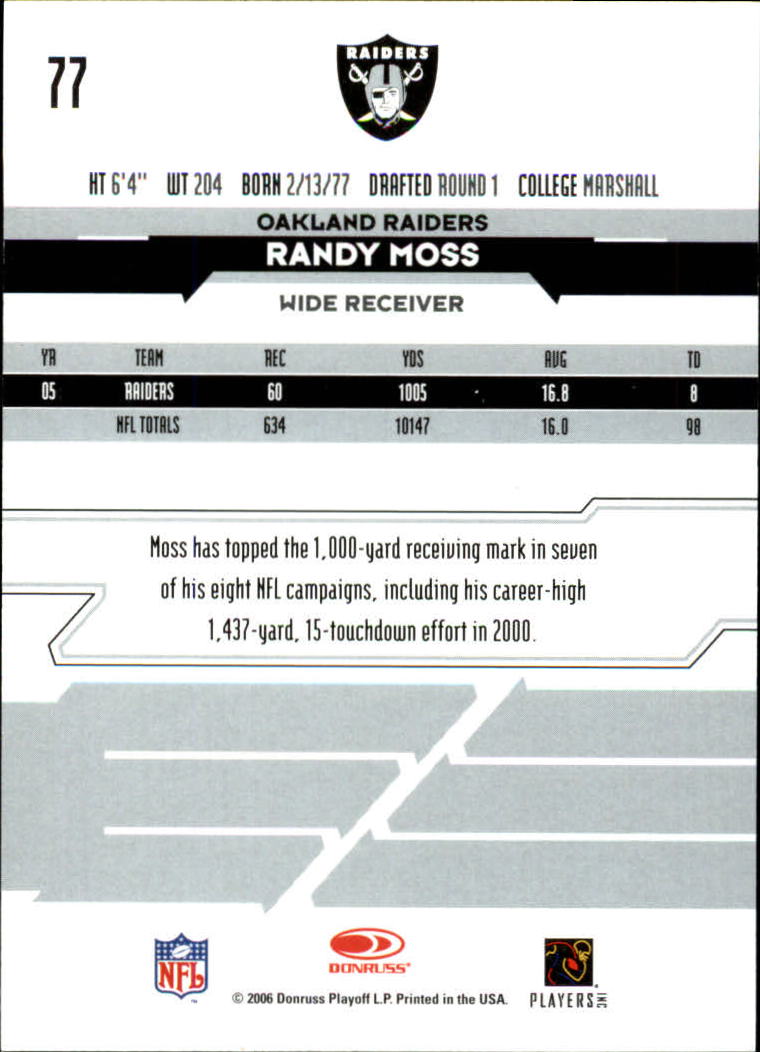 2006 Leaf Rookies and Stars Longevity Target Sapphire Parallel #77 Randy Moss back image