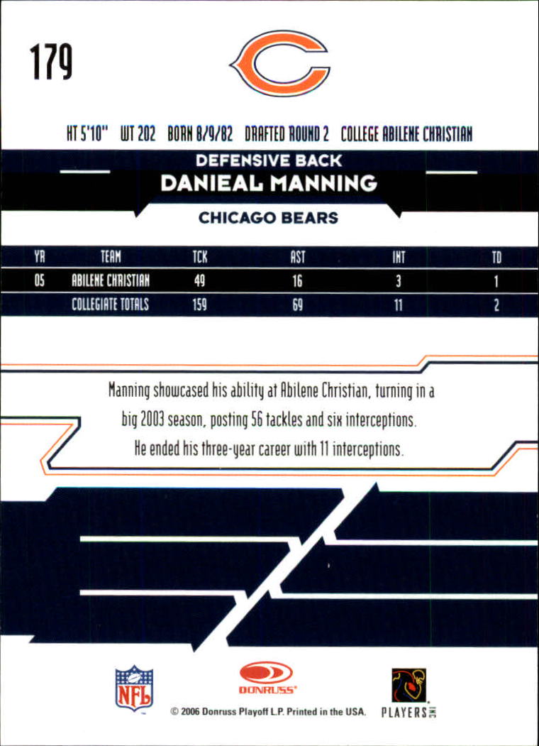 2006 Leaf Rookies and Stars Longevity Target Rookie Autographs #179 Danieal Manning/125 back image