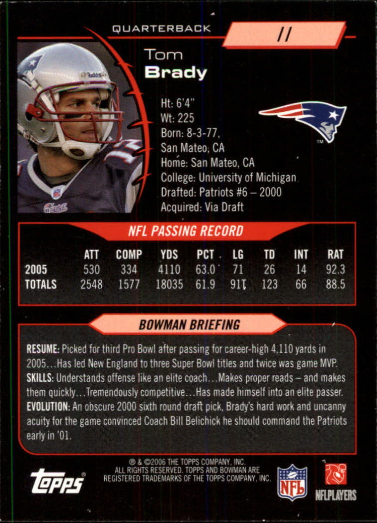 2006 Bowman #11 Tom Brady back image