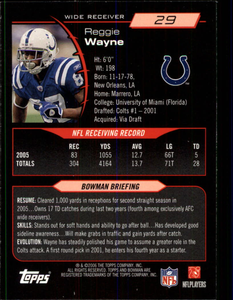 2006 Bowman #29 Reggie Wayne back image