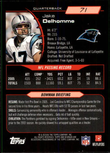 2006 Bowman #71 Jake Delhomme back image