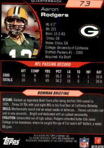 2006 Bowman #73 Aaron Rodgers back image