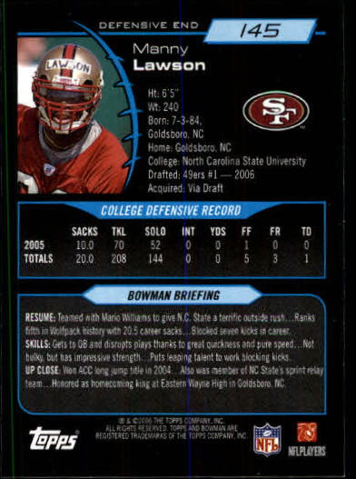 2006 Bowman #145 Manny Lawson RC back image