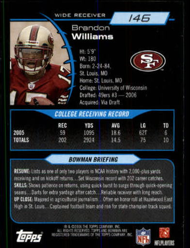 2006 Bowman #146 Brandon Williams RC back image