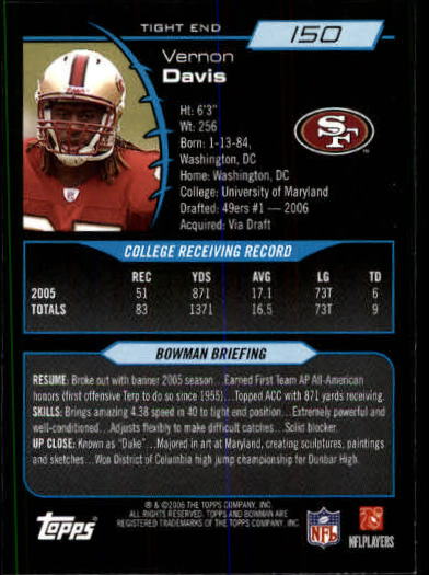 2006 Bowman #150 Vernon Davis RC back image