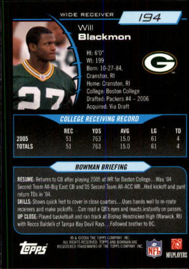 2006 Bowman #194 Will Blackmon RC back image