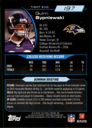 2006 Bowman #197 Quinn Sypniewski RC back image