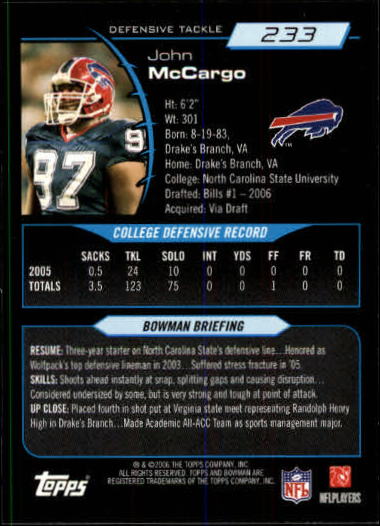 2006 Bowman #233 John McCargo RC back image