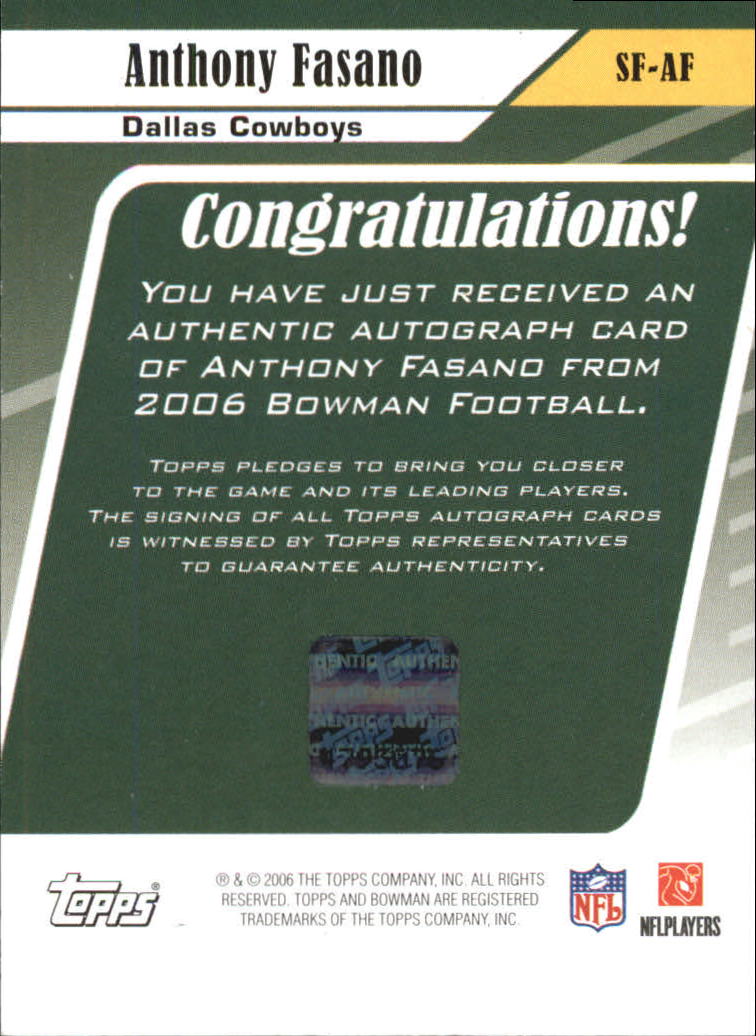 2006 Bowman Signs of the Future #SFAF Anthony Fasano F back image