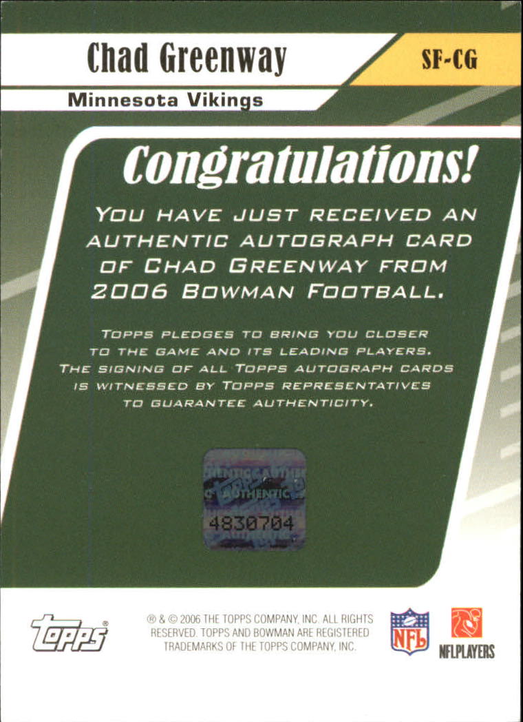 2006 Bowman Signs of the Future #SFCG Chad Greenway F back image