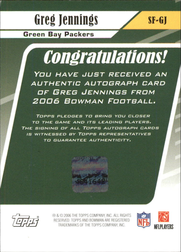 2006 Bowman Signs of the Future #SFGJ Greg Jennings F back image
