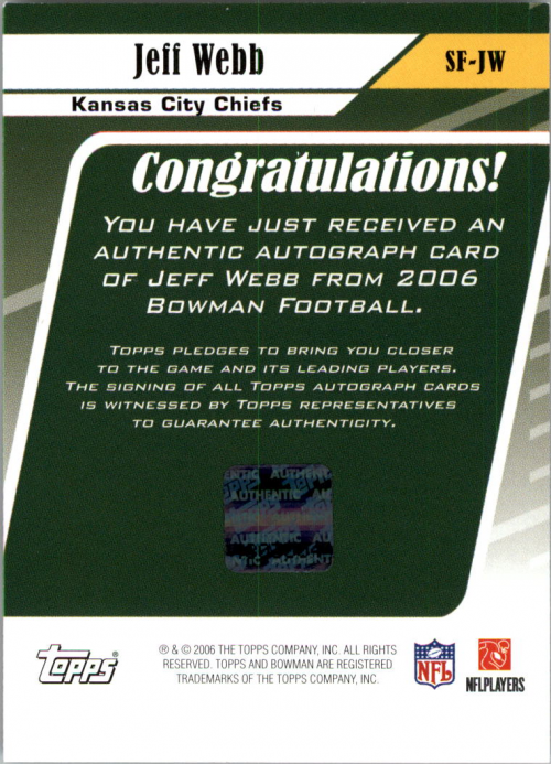 2006 Bowman Signs of the Future #SFJW Jeff Webb F back image