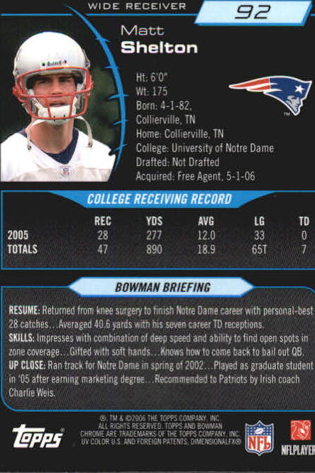 2006 Bowman Chrome #92 Matt Shelton RC back image