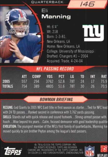 2006 Bowman Chrome #146 Eli Manning back image