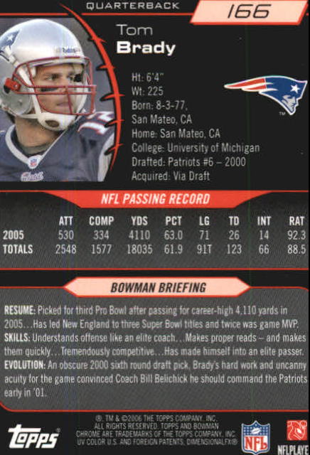 2006 Bowman Chrome #166 Tom Brady back image