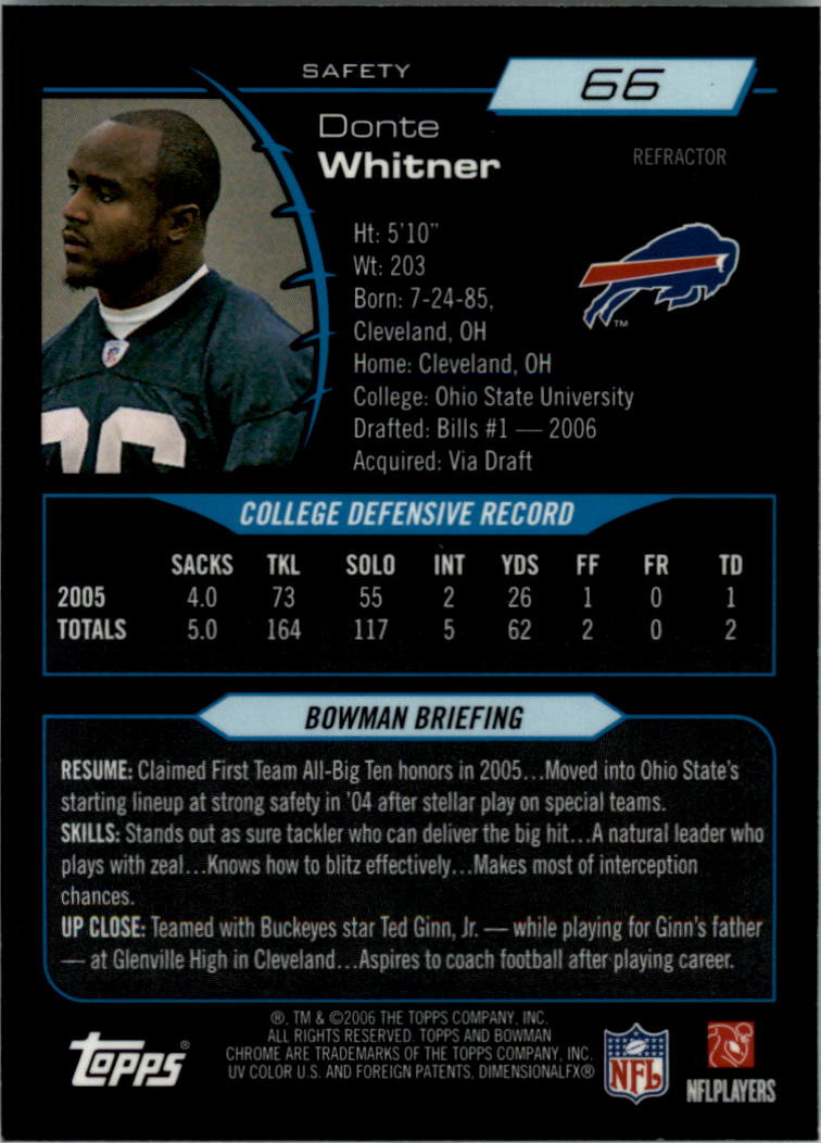 2006 Bowman Chrome Refractors #66 Donte Whitner back image