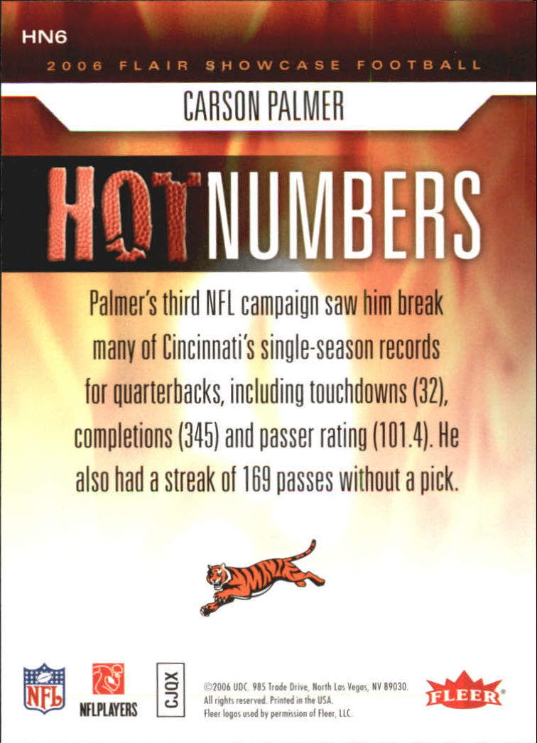 2006 Flair Showcase Hot Numbers #HN6 Carson Palmer back image