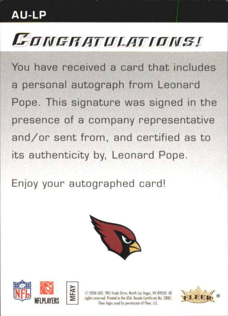 2006 Flair Showcase Autographics #AULP Leonard Pope SP back image