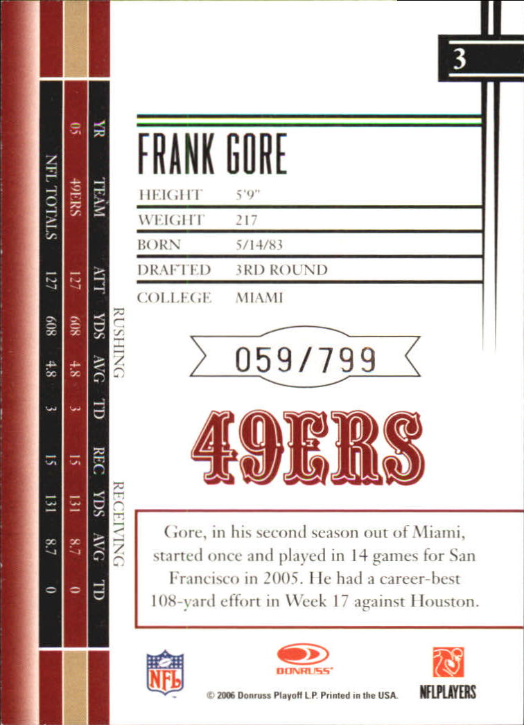 2006 Leaf Limited #3 Frank Gore back image