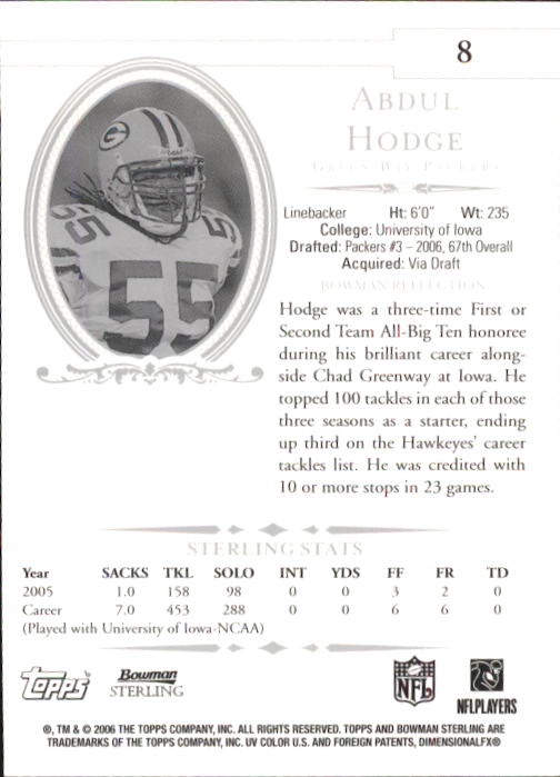 2006 Bowman Sterling #8 Abdul Hodge RC back image