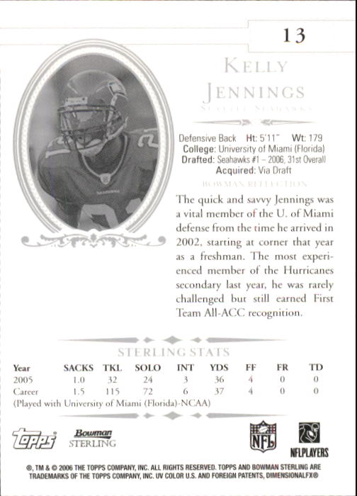 2006 Bowman Sterling #13 Kelly Jennings RC back image