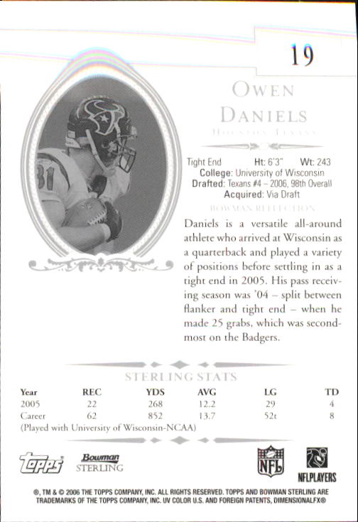2006 Bowman Sterling #19 Owen Daniels RC back image