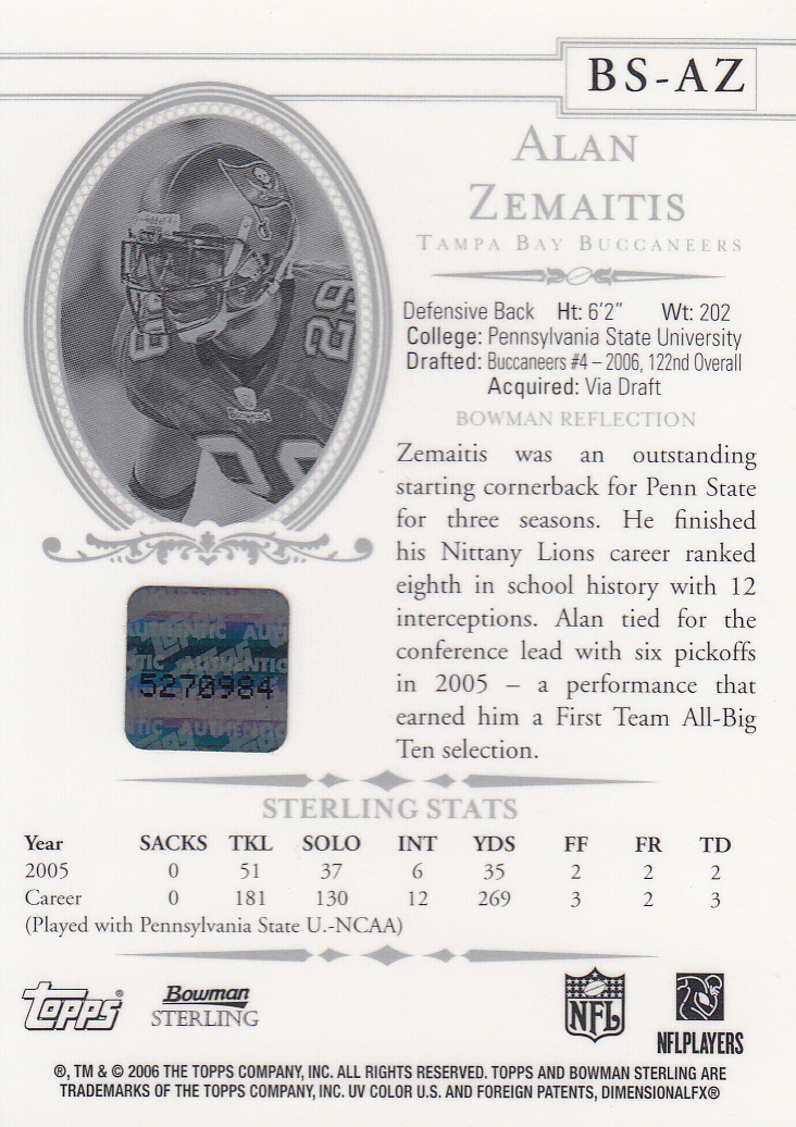 2006 Bowman Sterling #AZ Alan Zemaitis AU RC back image