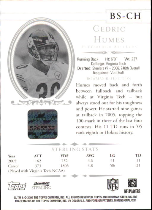 2006 Bowman Sterling #CH Cedric Humes AU RC back image