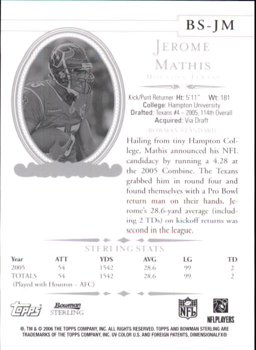 2006 Bowman Sterling #JM Jerome Mathis JSY back image