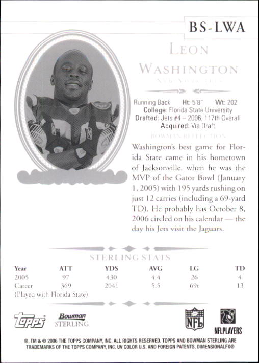 2006 Bowman Sterling #LWA1 Leon Washington JSY RC back image
