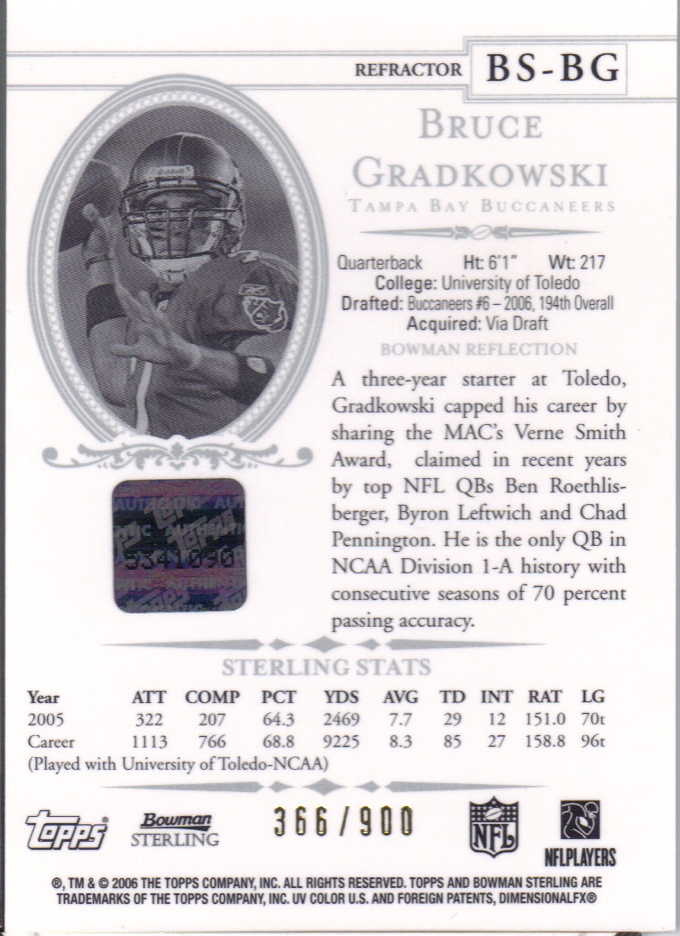 2006 Bowman Sterling Gold Rookie Autographs #BG Bruce Gradkowski/900 back image