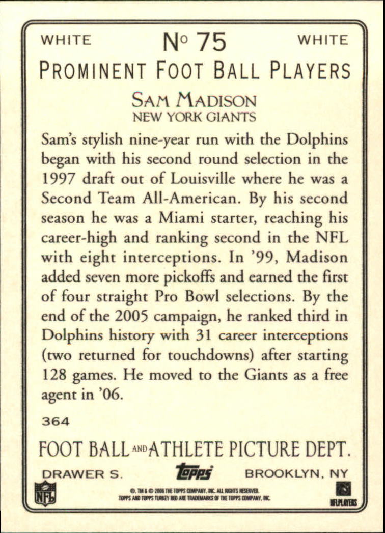 2006 Topps Turkey Red White #75 Sam Madison back image