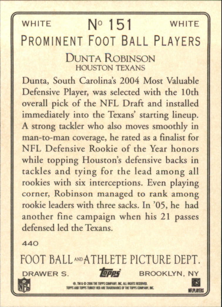 2006 Topps Turkey Red White #151 Dunta Robinson back image