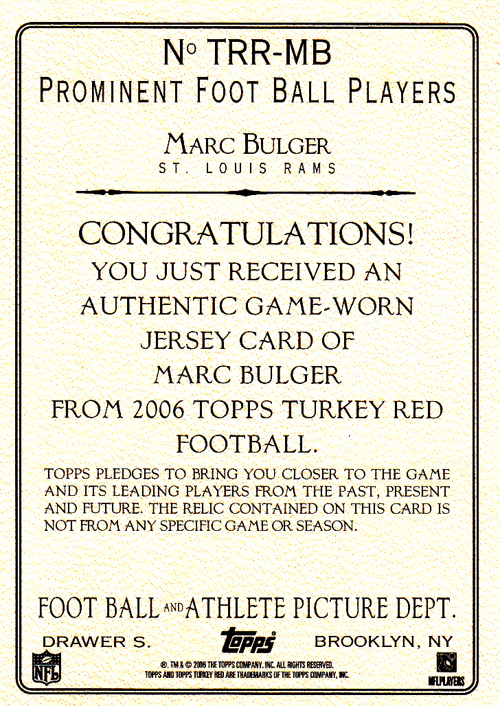 2006 Topps Turkey Red Relics Gray #MB Marc Bulger F back image