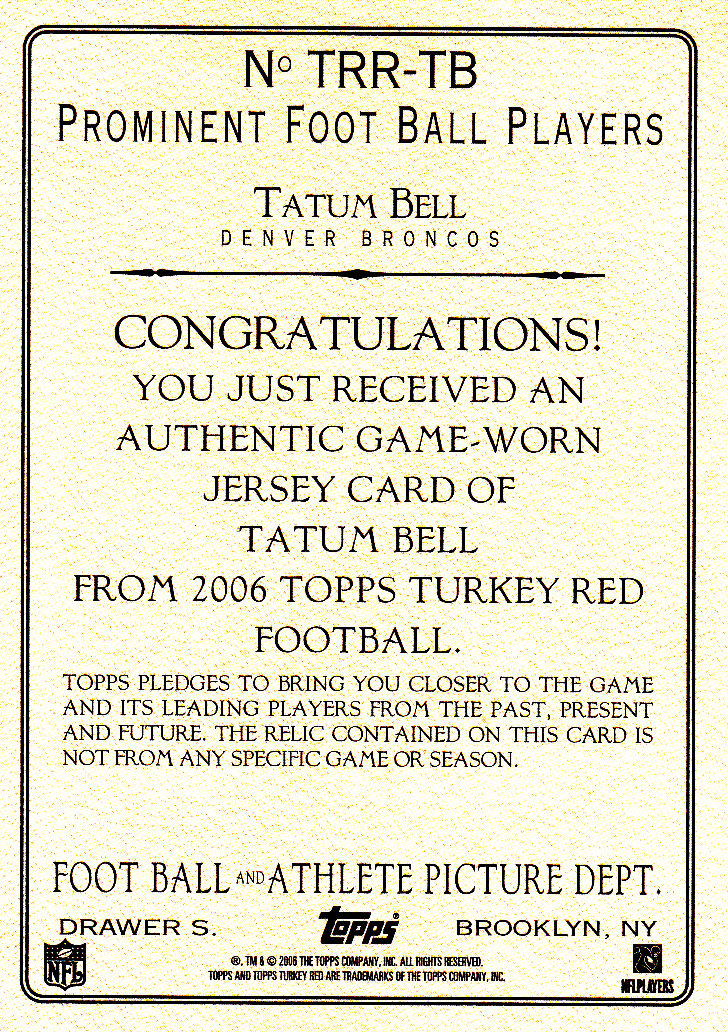 2006 Topps Turkey Red Relics Gray #TB Tatum Bell G back image
