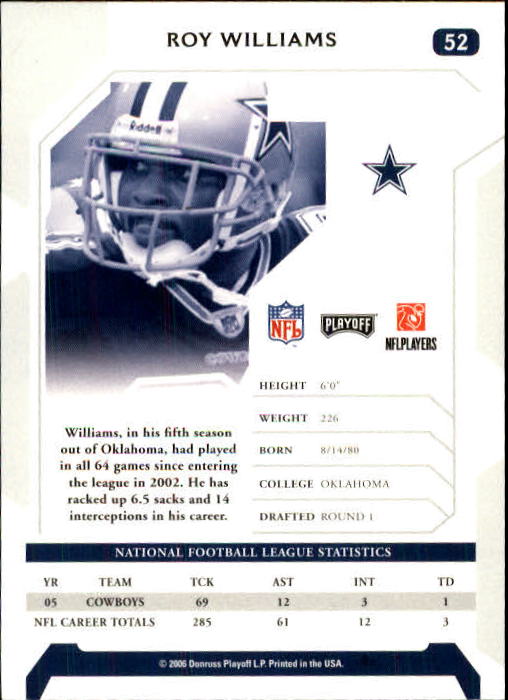 2006 Playoff NFL Playoffs #52 Roy Williams S back image