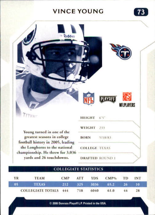 2006 Playoff NFL Playoffs #73 Vince Young RC back image