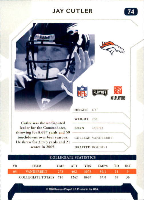 2006 Playoff NFL Playoffs #74 Jay Cutler RC back image