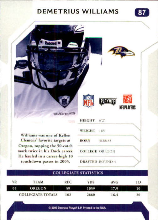 2006 Playoff NFL Playoffs #87 Demetrius Williams RC back image