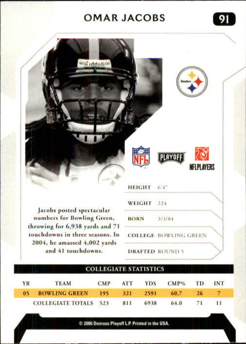 2006 Playoff NFL Playoffs #91 Omar Jacobs RC back image