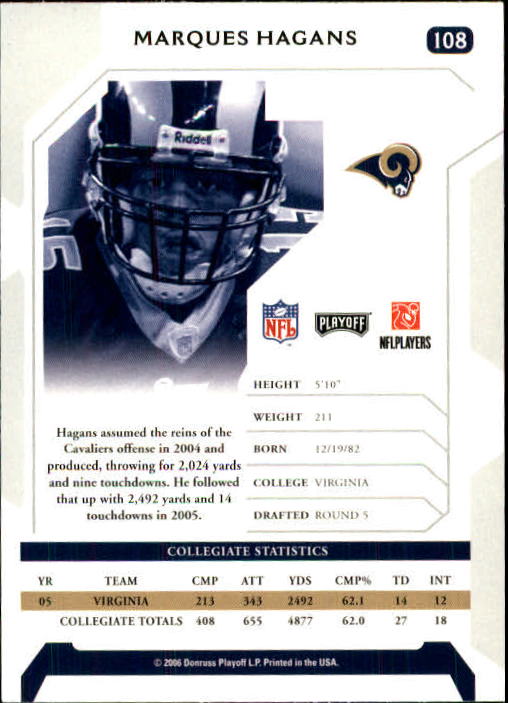 2006 Playoff NFL Playoffs #108 Marques Hagans RC back image