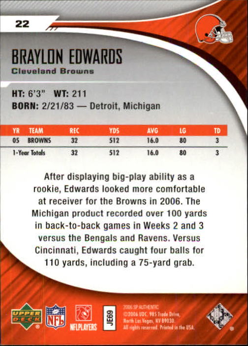 2006 SP Authentic #22 Braylon Edwards back image