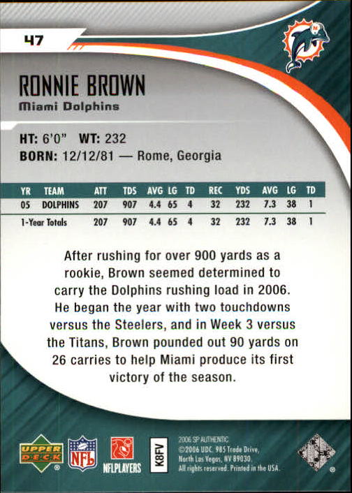 2006 SP Authentic #47 Ronnie Brown back image