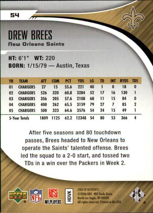 2006 SP Authentic #54 Drew Brees back image